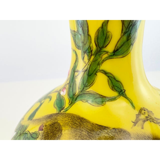 Chinoiserie Vintage Chinese Yellow Famille Rose Monkey & Peach Porcelain Vase For Sale - Image 3 of 12