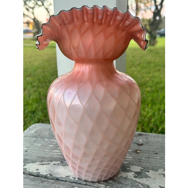 Late 19th Century Bohemian Victorian Harrach Pink/White Cased Glass Quilted Diamond Pattern Hand-Painted Floral/Butterfly Motifs Bulbous Fan Vase For Sale - Image 4 of 8