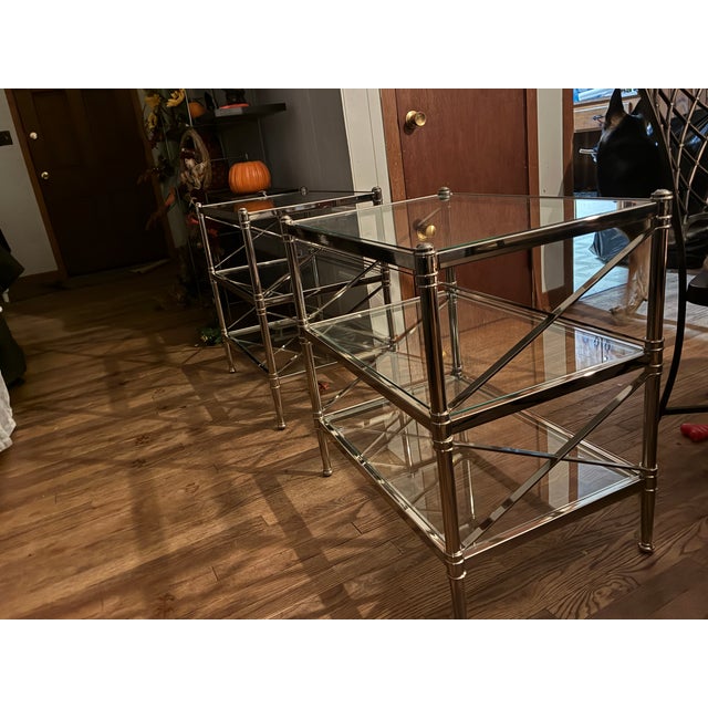 Rustic European Pair of Ethan Allen Glass Top Jocelyn Side Tables (Triple Tier) For Sale - Image 3 of 7