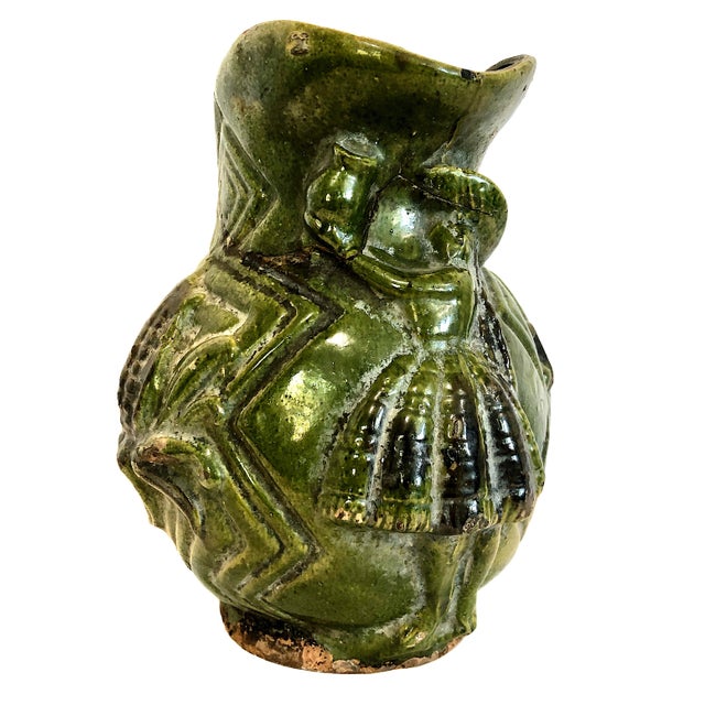 Mexican Vintage Oaxacan Glazed Pottery Pitcher With Maize and a Woman For Sale - Image 3 of 18