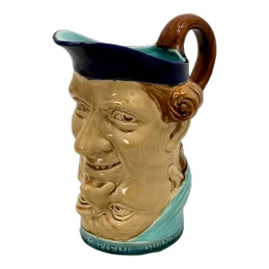 Unusual Antique French Majolica Topsy-Turvy 2 Face Character & Motto Novelty Pitcher Signed Sarreguemines