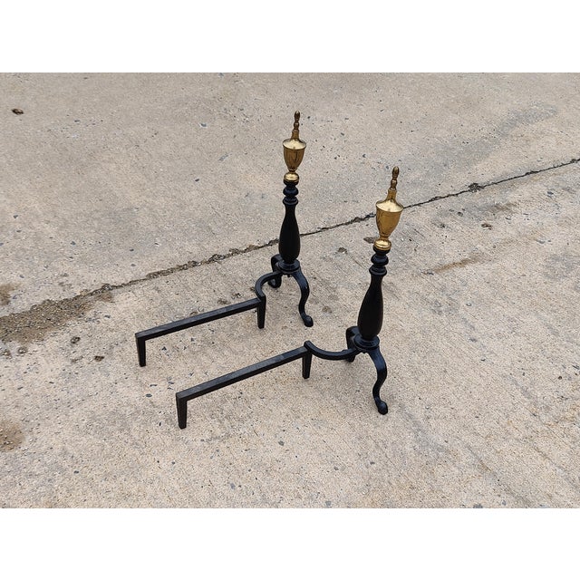 American Mid 20th Century Black and Brass Andirons- Set of 2 For Sale - Image 3 of 10