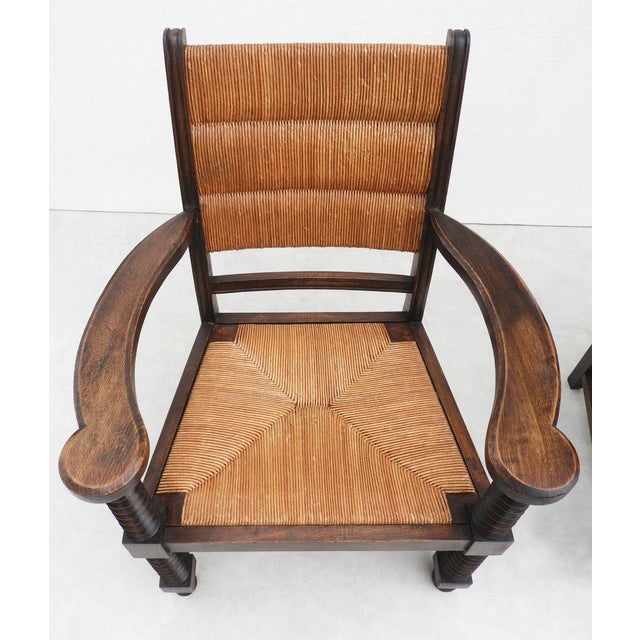 French Oak and Rush Armchairs by Charles Dudouyt, 1940s, Set of 2 For Sale - Image 6 of 9