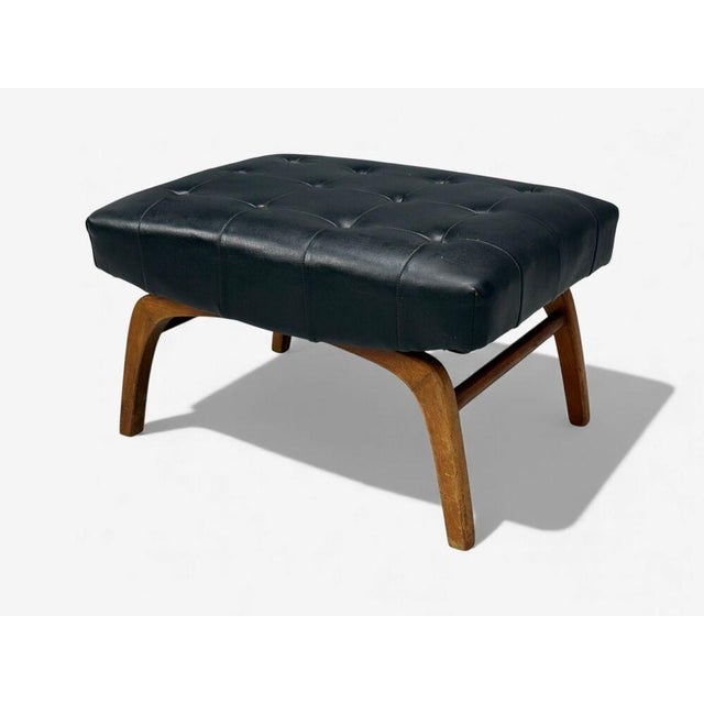 Danish Modern, Black Leatherette, Stained Wood, Footstool, Denmark, 1950s For Sale - Image 4 of 10