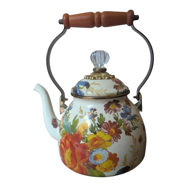 MacKenzie Childs Flower Market Enamel Kettle Floral Design Wood Handle For Sale