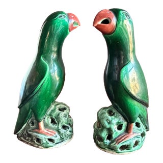Chinese Import Vintage Antique Ceramic Parrots With Beautiful Green Glaze. 8” Tall. Late 19th Early 20th Century, Approx. Quing Dynasty? For Sale