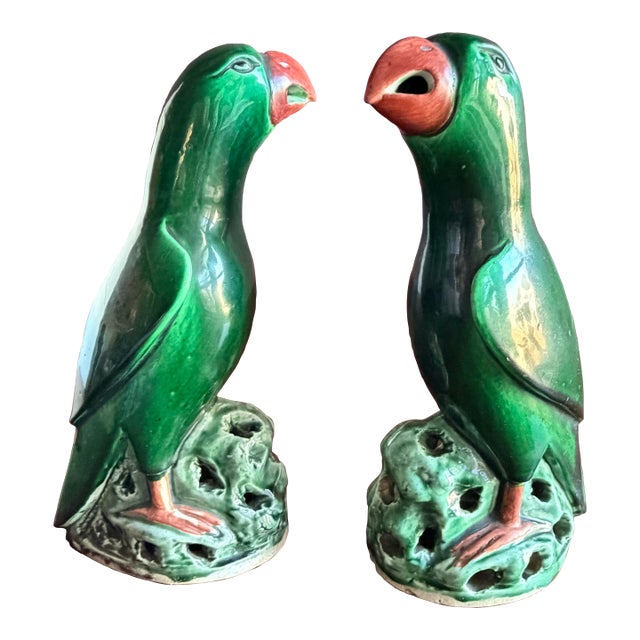 Chinese Import Vintage Antique Ceramic Parrots With Beautiful Green Glaze. 8” Tall. Late 19th Early 20th Century, Approx. Quing Dynasty? For Sale