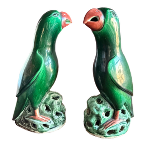 Chinese Import Vintage Antique Ceramic Parrots With Beautiful Green Glaze. 8” Tall. Late 19th Early 20th Century, Approx. Quing Dynasty?