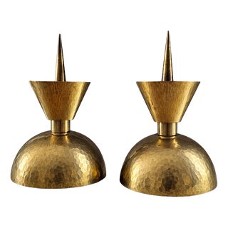 Postmodern Hammered Brass Diabolo Candleholders, 1970s, Set of 2 For Sale