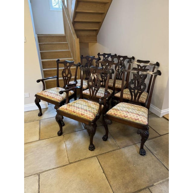 Outstanding quality set of eight antique victorian mahogany irish chippendale style dining chairs, consisting of a pair of...