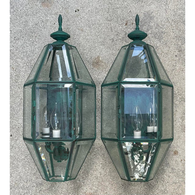 Pair of Vintage Solid Brass Wall Lanterns – Large Beveled Glass Sconces For Sale - Image 17 of 17