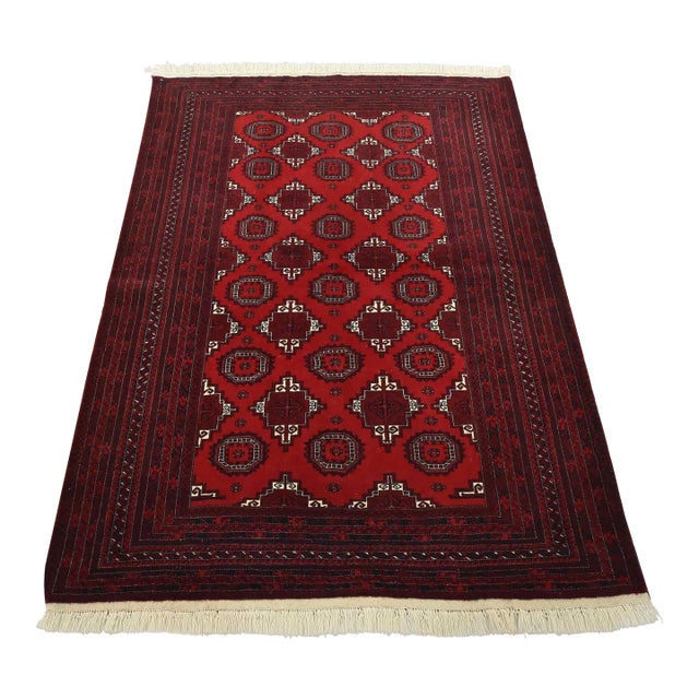 Turkmen Rug 4’4” X 6′ Red Wool Vintage Tribal Hand-Knotted Oriental Carpet For Sale