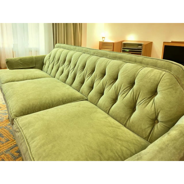 This vintage chartreuse velvet three-seat sofa exudes Mid-Century Modern elegance featuring a tailored skirt, arm caps, a...