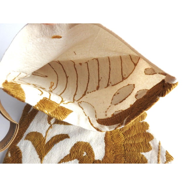 Amber Handmade Mexican Otomi Tenango Embroidered Christmas Stockings, Amber Gold & Natural, Pair For Sale - Image 8 of 11