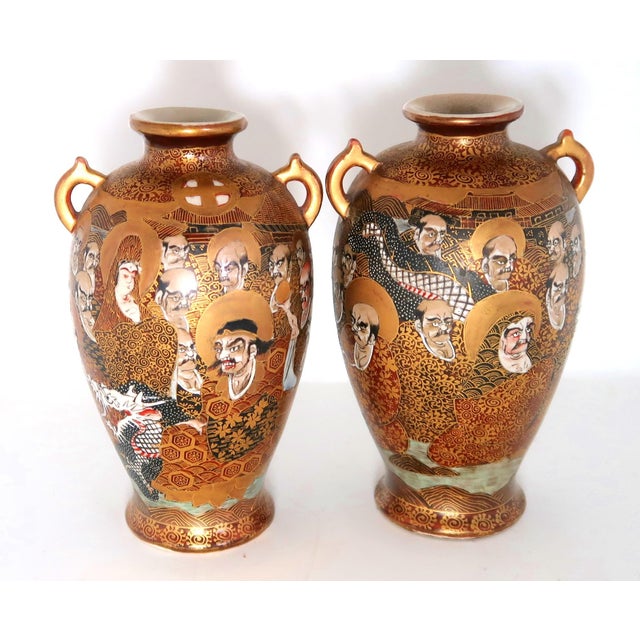 Antique Japanese Signed Satsuma Porcelain Vases, Matched Pair With Double Handles, Faces and Dragon on Each For Sale In Miami - Image 6 of 10