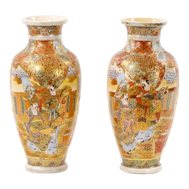 19th Century Hand Painted / Gilt Porcelain Satsuma Pair Vase For Sale