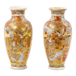 19th Century Hand Painted / Gilt Porcelain Satsuma Pair Vase