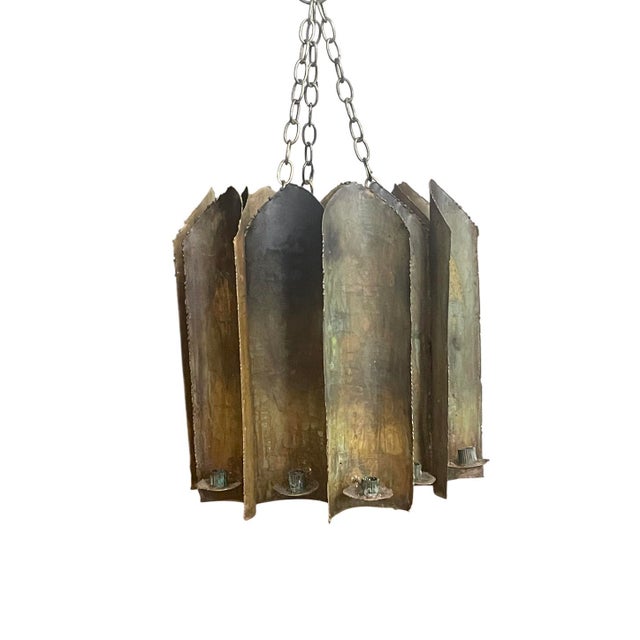 1970s Brutalist Torch-Cut Patinated Brass Candle Lantern Chandelier Attributed to Tom Greene for Feldman Lighting c.1960s For Sale - Image 5 of 10