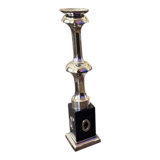 Pair of Global Views Polished Nickel Sculptural Candlesticks, 24.5” & 18.5” For Sale