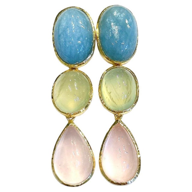 Bochic "Orient" Vintage Pink Quartz, Turquoise & Peridot Earrings 18K Gold & Silver For Sale - Image 15 of 18