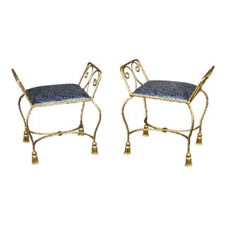 Pair of Glamorous Genuine Gold Leaf Iron Italian Rope and Tassle Stools Benches For Sale