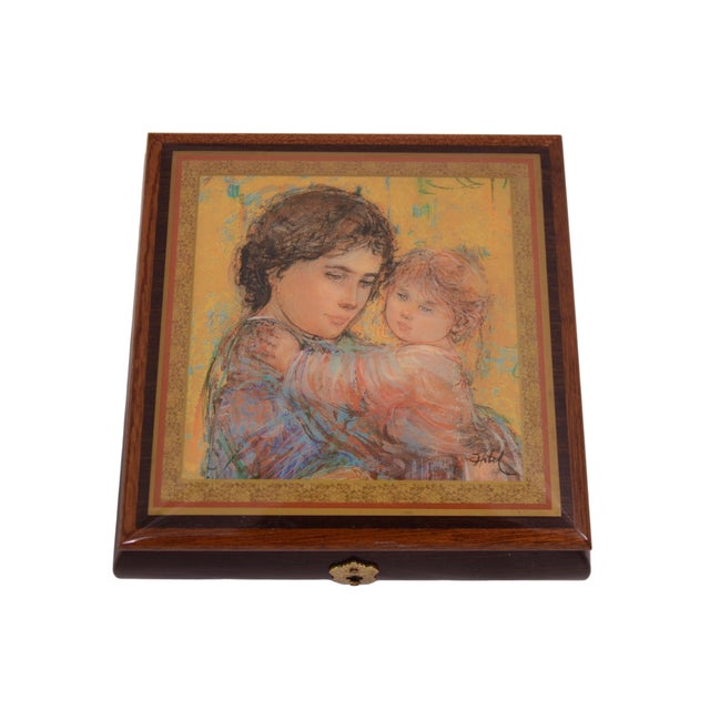 Vintage square hand-crafted burled wood jewelry accent box made in Italy adorned with an Edna Hibel print plays the...