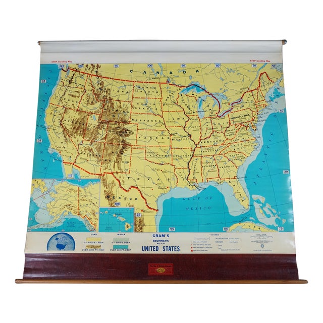 Mid Century Cram's Beginner's United States School Map Pull Down Classroom Map For Sale