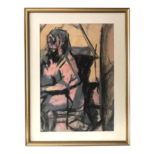 Mid Century Modern Figurative Abstract Oil Pastel by Oscar Murillo C.1960