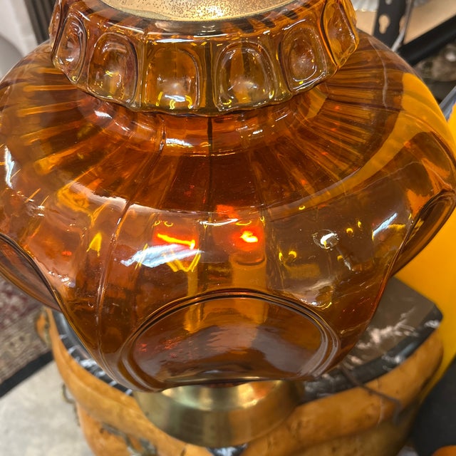 Large Amber Glass, Brass and Wood Table Lamps a Pair For Sale - Image 10 of 10