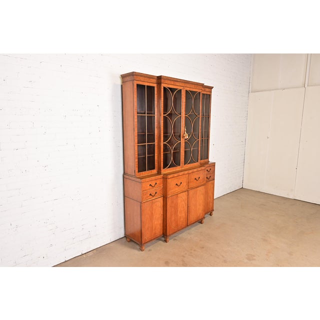 Baker Furniture Company Baker Furniture Georgian Inlaid Mahogany Breakfront Bookcase Cabinet With Drop Front Secretary Desk, Circa 1960s For Sale - Image 4 of 14