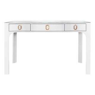 Matthew Izzo Home Gladys White Textured Linen Three Drawer Desk With Brass Hardware and Glass Top For Sale