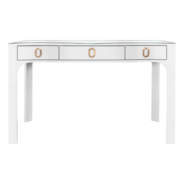 Matthew Izzo Home Gladys White Textured Linen Three Drawer Desk With Brass Hardware and Glass Top For Sale