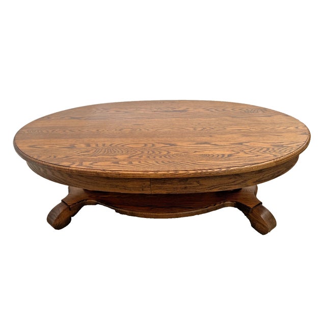 1970s Vintage Oval Coffee Table Tiger Oak, Center Drawer, Shelf, Columns, Empire Style For Sale - Image 5 of 10