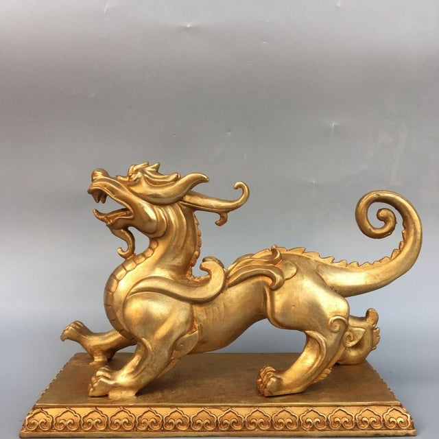 Metal Pair of Gilt Bronze Figures of Mythical Beasts (Pixiu) For Sale - Image 7 of 9
