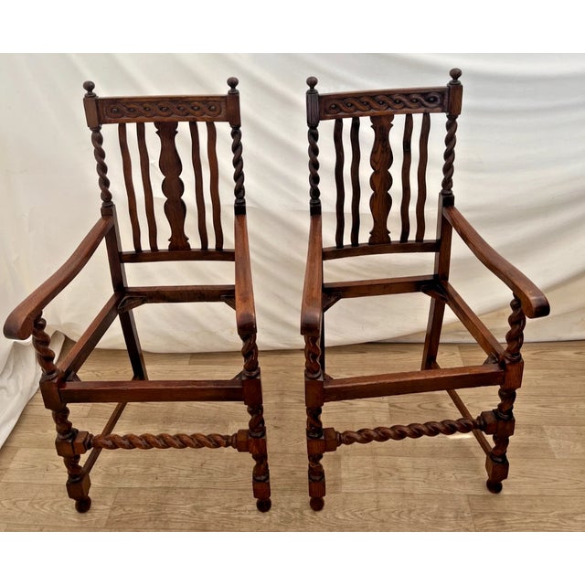 Pair of Antique Jacobean Revival Barley Twist Oak Armchairs Rust & Gold Damask For Sale - Image 12 of 13