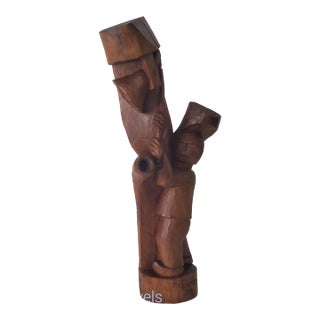 1998 Wood Sculpture "Bell Ringer" Signed Nicolae Serban Romania 23"h Modernist Expressionist Folk Art For Sale