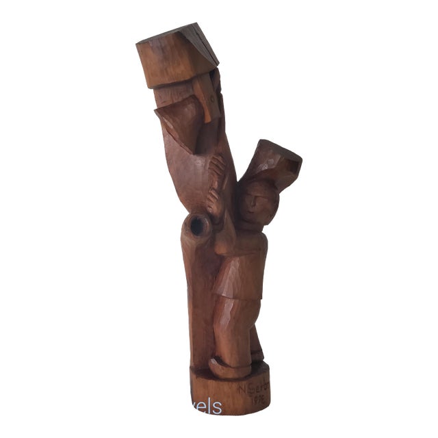 1998 Wood Sculpture "Bell Ringer" Signed Nicolae Serban Romania 23"h Modernist Expressionist Folk Art For Sale
