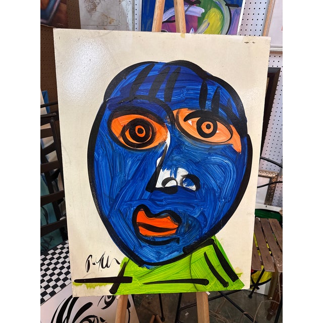 1970s Peter Keil Abstract Painting of a blue face. Executed with oil on board. COA on back guaranteed authentic direct...