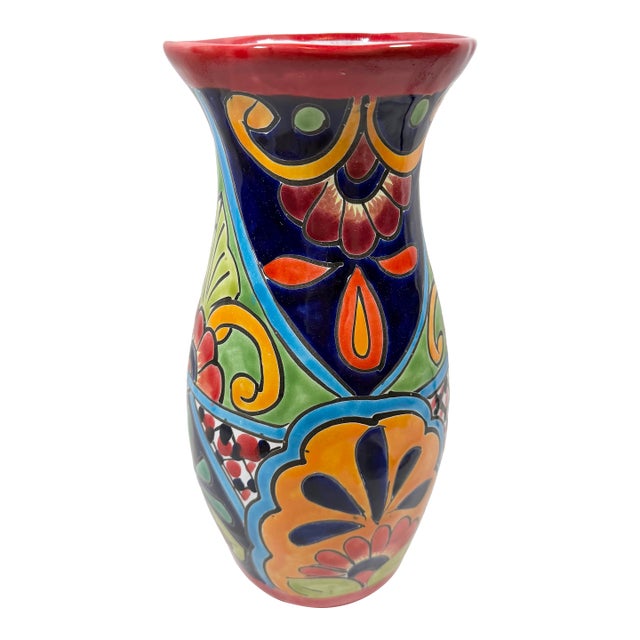 Hand Painted Colorful Talavera Vase Mexico Pottery 14” Signed J Leganz For Sale