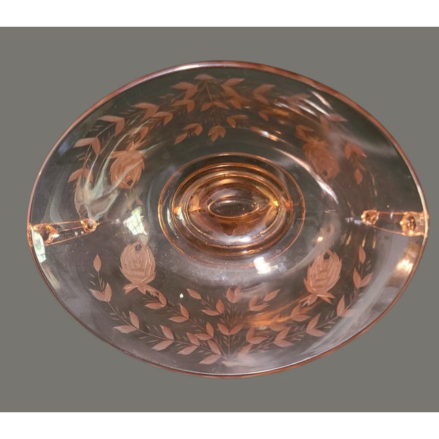 Vintage Deco Depression Glass Imperial Pink Cut Floral Oval Footed Center Bowl For Sale - Image 6 of 9