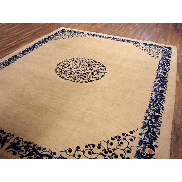 Chinese 1890s Beige Medallion Handknotted Antique Chinese Peking Rug 9'4" X 11'4" Wool Carpet For Sale - Image 3 of 6