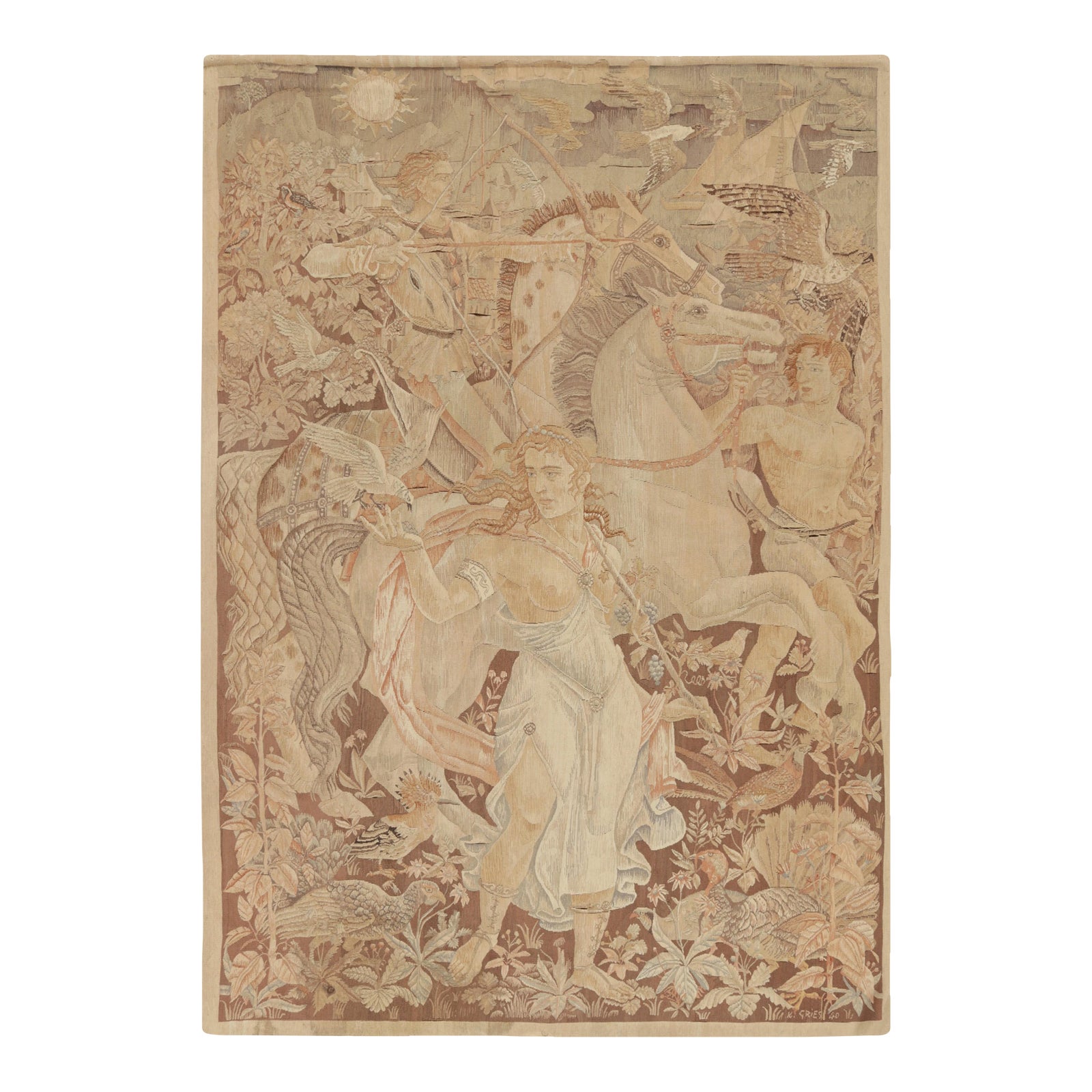 Antique Karl Gries Tapestry in Beige With Pictorial Hunting Scene