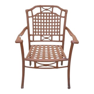 Late 20th Century Cast Aluminum Basket Weave Lattice Rattan Metal Patio Outdoor Arm Chair For Sale