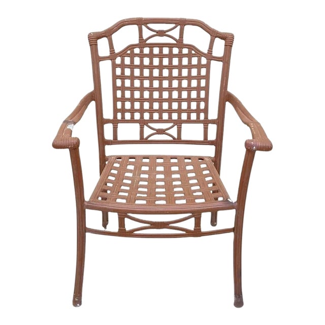 Late 20th Century Cast Aluminum Basket Weave Lattice Rattan Metal Patio Outdoor Arm Chair For Sale