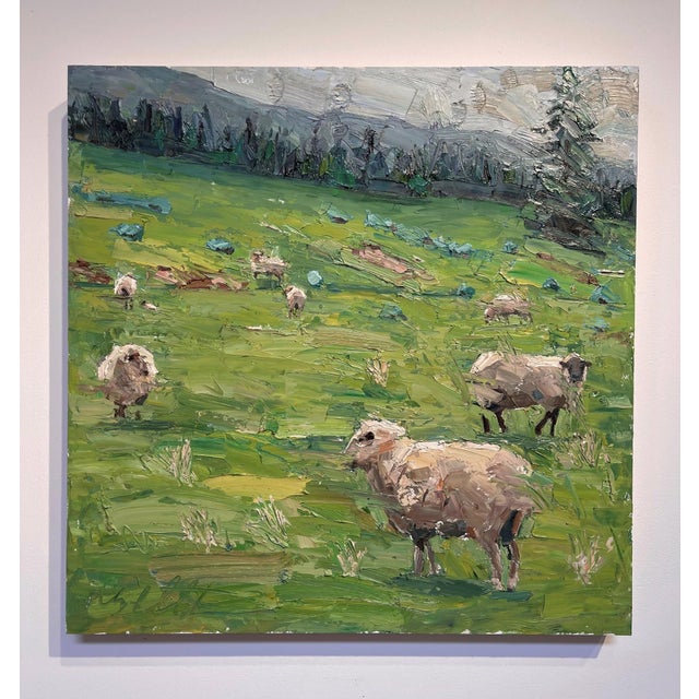 This oil painting depicts a serene pastoral scene featuring a group of sheep grazing on a lush green landscape. The...