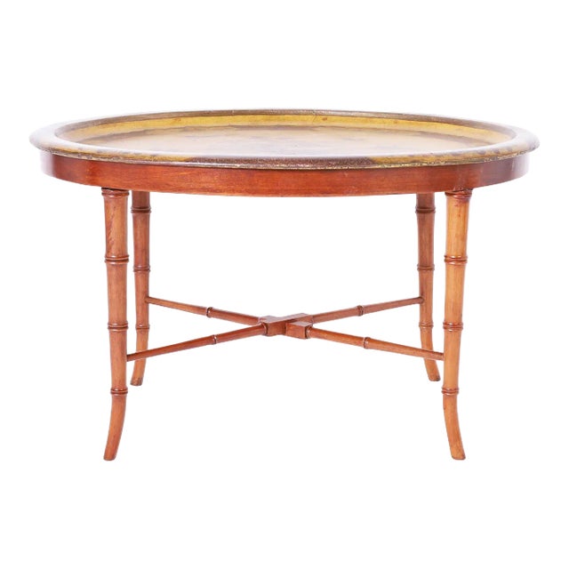 Chinoiserie Papier-Mâché Tray and Faux Bamboo Stand For Sale