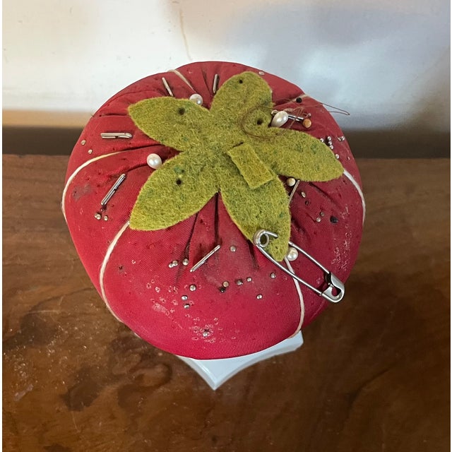 Early 20th C. Make-Do Tomato Pin Cushion on 19th C. Dolphin Sandwich Glass Stand For Sale In New York - Image 6 of 16