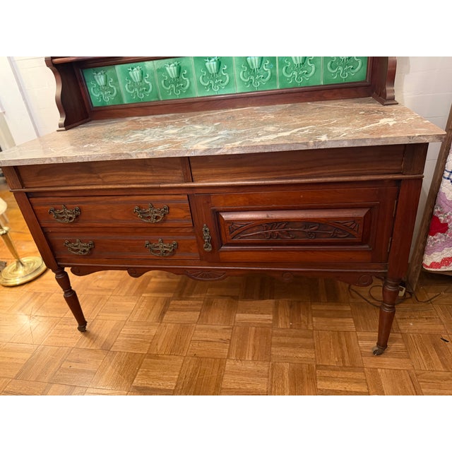 Wood Antique English Walnut Dresser With Marble Top and Green Tile Backsplash For Sale - Image 7 of 10