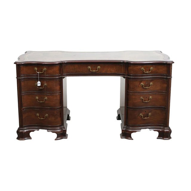 1950s 1950s Serpentine Front Baker Mahogany Leather Top Pedestal Writing Desk For Sale - Image 5 of 9