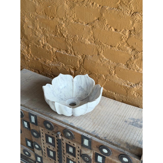 Contemporary White Marble Vessel Sink – Hand-Carved Flower Shape Bathroom Basin For Sale - Image 3 of 7